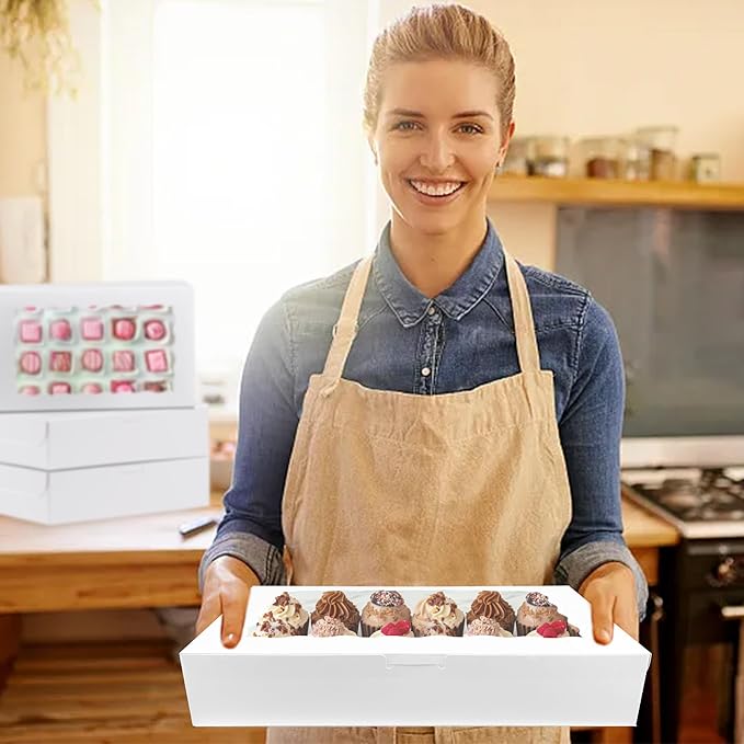 MUMULULU White Bakery Boxes with Window Cookie Boxes Treat Boxes for Desserts Cupcakes Muffins Donut Chocolate Strawberry (14PCS 12×8×2.5)