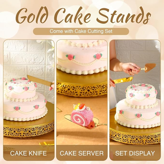 Wenqik 16 Inch Gold Cake Stand Set Metal Round Cupcake Dessert Stand with Cake Cutting, Spatula Wedding Cupcake Pastry Display Candy Holder Display for Wedding Party Birthday Baby Shower(Classic)