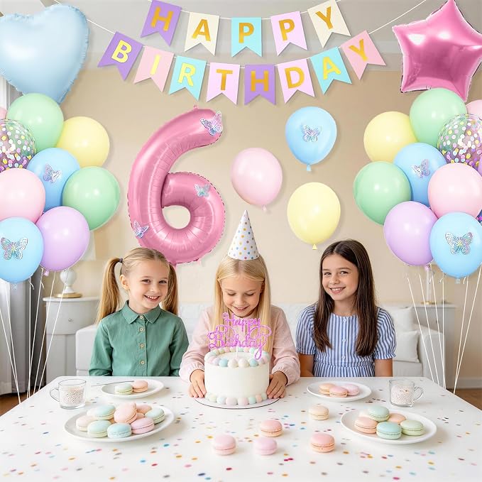 Pastel 6th Birthday Decorations for Girl,Macaron Rainbow 6th Party Decoration Pink Blue Purple Green Yellow Colorful Balloons Banner Star Heart Number 6 Foil Balloon Cake Topper Butterfly Stickers