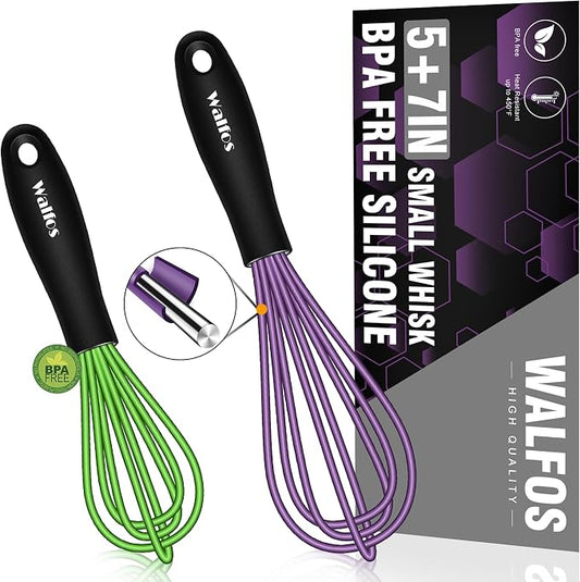 Walfos Whisk,5+7Inch Mini Whisks,Silicone Non Scratch whisk,Heat Resistant(480°F) Small whisks Suitable for stirring individual eggs and mixing small amounts of powder and sauce. Purple & Green
