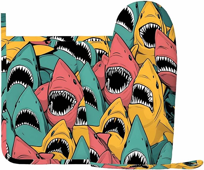 Mxocom Shark Oven Mitts and Pot Holders Sets Sea Ocean Fish Angry Sharks Wide Mouth White Teeth Aqua Silicone Heat Resistant Kitchen Oven Gloves Pot Holder for Cooking