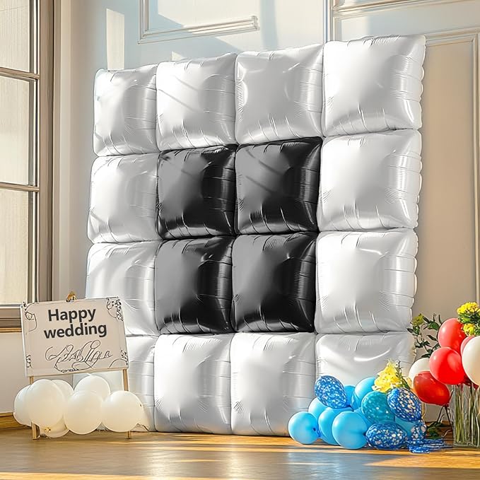 NISOCY 25PCS Black White Square Foil Balloons Wall Backdrop Double Sided Black Pearl White Balloons Arch Kit for Birthday Wedding Anniversary Bridal Baby Shower Graduation Party Decorations