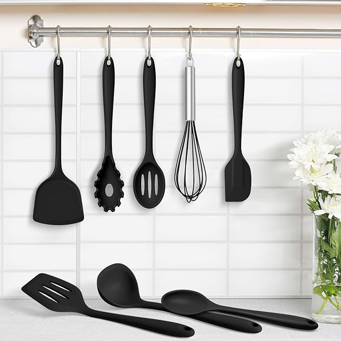 TeamFar Silicone Cooking Utensils Set, 8 PCS Kitchen Utensils Set, 446°F Heat Resistant, Turner, Spatula, Spoon, Whisk, Kitchen Cooking Gadgets Tools for Nonstick Cookware, Dishwasher Safe-Black