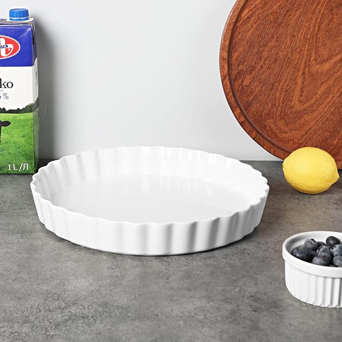 ONTUBE Ceramic Pie Pans 11 Inches, Quiche Pans (White, 11" x 1 Pieces)