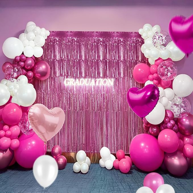 157PCS Hot Pink White Balloons Garland Arch Kit with Fringe Curtain for Wedding Engagement Anniversary Birthday Graduation Bridal Baby Shower Party Decorations
