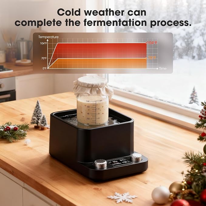 Sourdough Starter Warmer | Water Bath Precise 1°F Thermostat (70-104°F) Sourdough Warmer | For Jars Under 50oz |198-h Memory Timer |360° Uniform Heating |for Bread Baking,Yogurt & Kombucha(Black)
