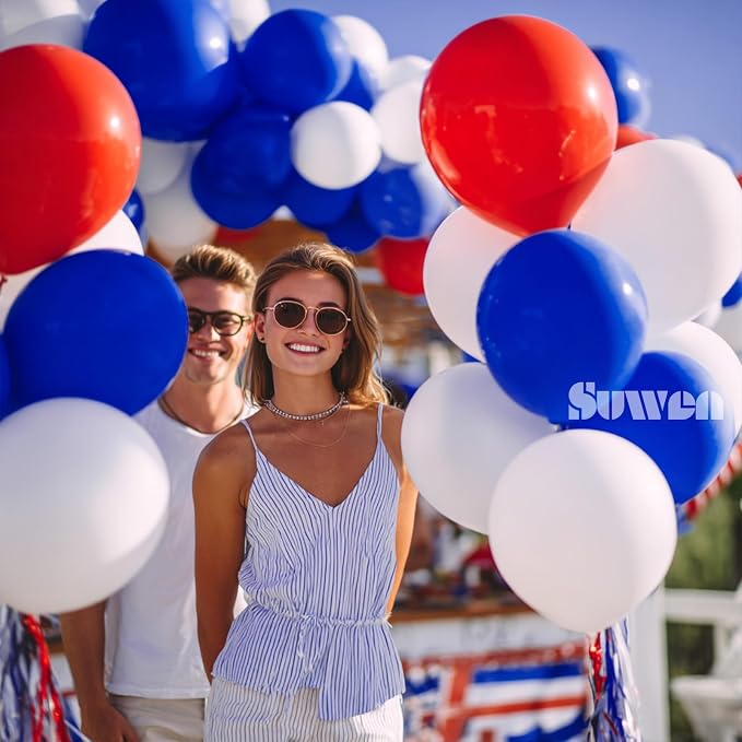 SUWEN Red White and Blue Balloons, 60pcs 12 inch Red White and Blue Decorations Latex Balloons for Independence Day July Patriotic Birthday Anniversary Veterans Party Decorations