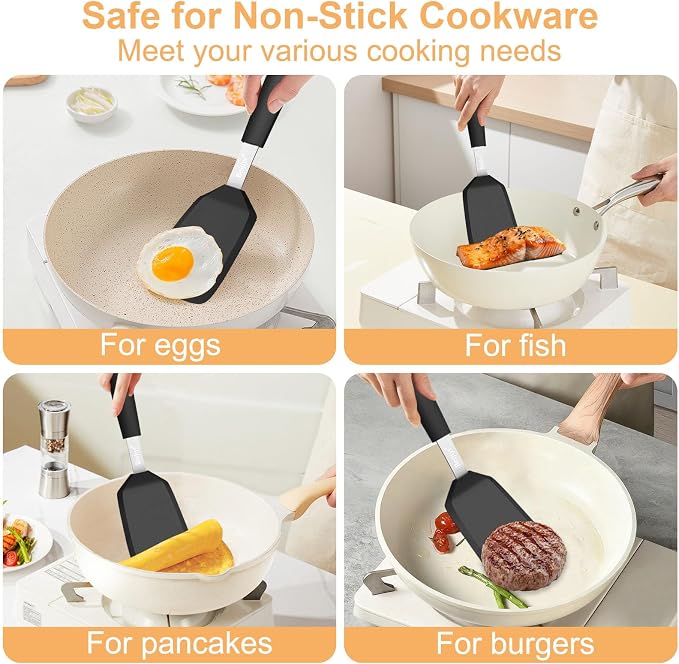 Beijiyi Silicone Spatula Turner, 600°F Heat Resistant, 13 x 3.2 in (Black) | BPA Free, Non-Toxic, Flexible Turner, Non Scratch for Non Stick Frying Pan, Flipping, Cooking, Dishwasher Safe