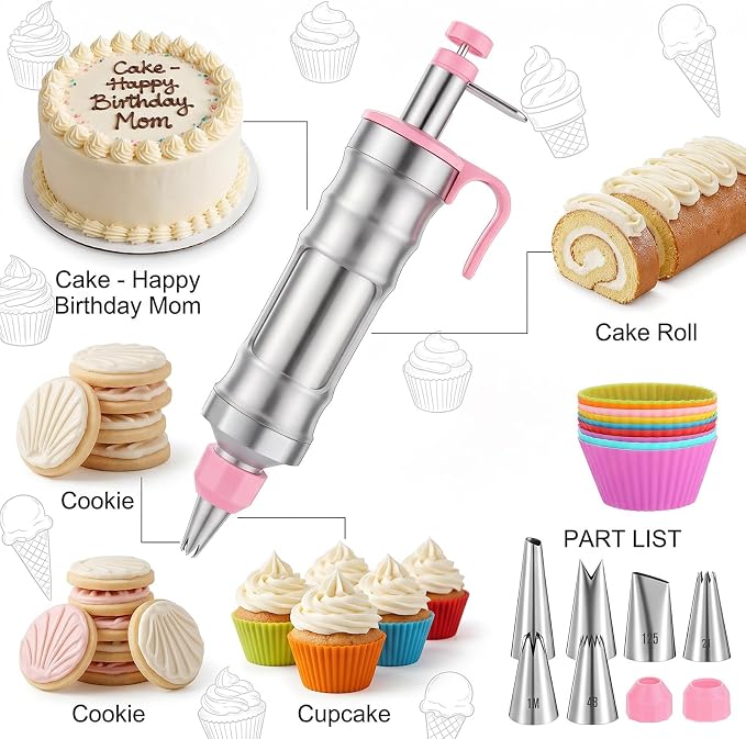 Dessert Decorating Syringe Set, Including 6 Piping Tips & 9 silicone cupcakes, Stainless Steel Frosting & Icing Piping Kit for Cake Decorating Tools Cupcake Decor