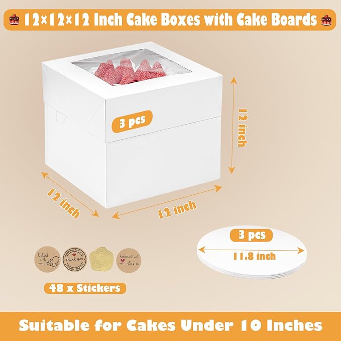 12x12x12 Inches Cake Boxes with Cake Boards, 3 Pack Premium Tall Cheesecake Boxes with Display Window for Christmas, Birthday, Wedding