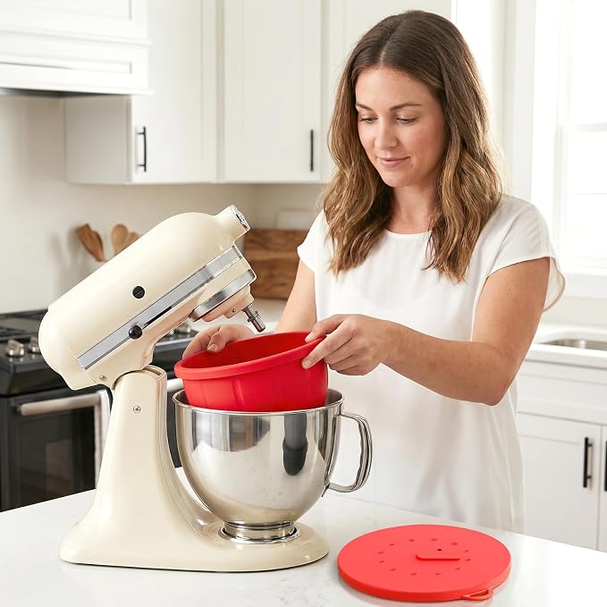 Silicone Liners for KitchenAid Mixers - Mixing Bowl Liners with Lid for 5 Qt Tilt-Head Stand Mixer, Kitchen Aid Accessories and Attachments with Measurement Markings & Timer Pointer, Red