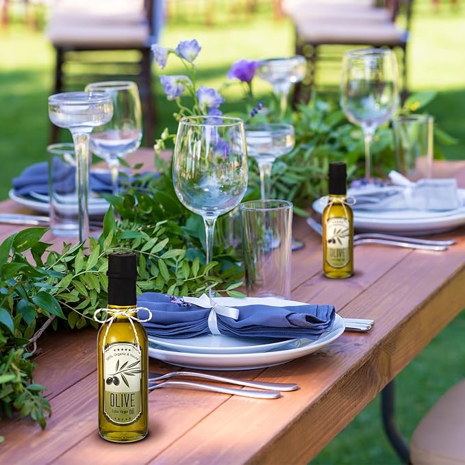 Reallnaive 12 Sets 5 oz Glass Olive Oil Bottles Empty Sauce Condiment Bottles with Tags and Twine and Funnel for Storing Homemade Olive Oil Christmas Wedding Baby Shower Gifts(Clear)
