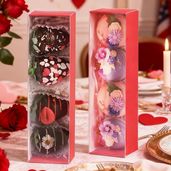 TEMLQPACK Bakery Packaging Supplies: 12Pack Red Chocolate Covered Strawberry Box for 4, Macaron Boxes, Long Treat Box for Truffles, Cookies, Ores, Chocolate Cocoa Bombs & Cake Ball