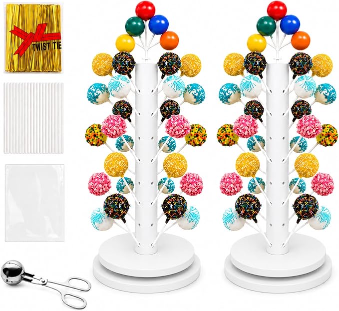2Pack Wooden Cake Pop Stand Kit with 360° Spinning Base, 49Hole Lollipop Holder with Cake Ball Scoop, 100 Paper Sticks, 100 Clear Treat Bags and 100 Twist Ties, Easy Twist Assembly for Parties (White)