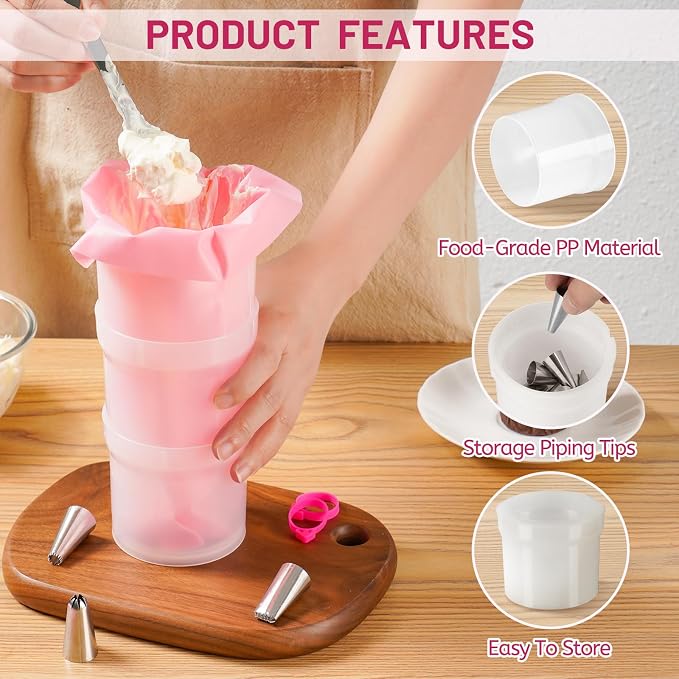 Piping Bag Holder Stand for Filling, Pastry Piping Bag Holder Stand, Clear Cream Icing Bag Holder with 2 Pack 14 Inch Reusable Piping Bags & 10Pcs Pastry Bag Ties