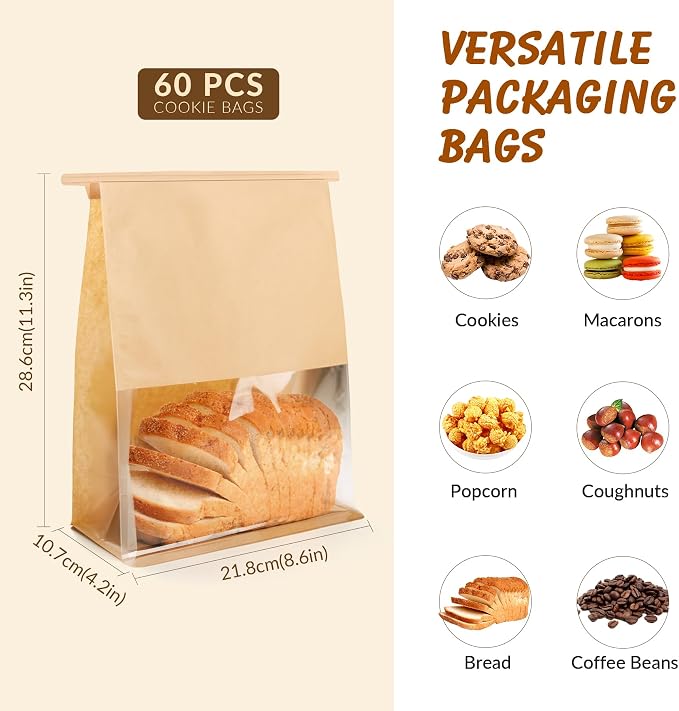 60 Pcs Bread Bags for Homemade Bread, Sourdough Paper With Window, 4.2x8.6x11.3 Inches Ties Tab Lock Large Paper Bakery Packaging Bags for Home Bakers and Bakery Owners