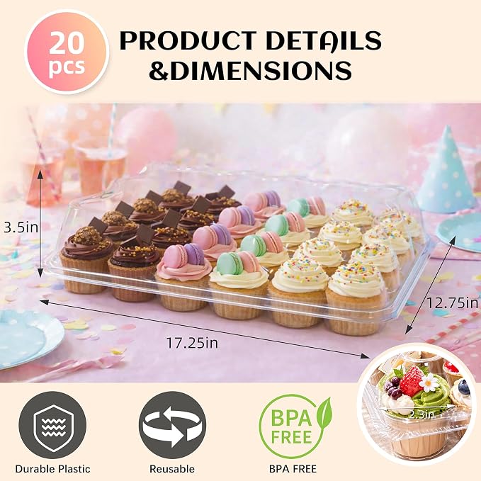 WIKDAY (24 Count x 20 Sets Plastic Cupcake Containers with Liners, Clear Cupcake Holder with Lids, Disposable Cupcake Carrier for Bakery, Cupcake Storage Box for Parties, Bake Sale Packaging