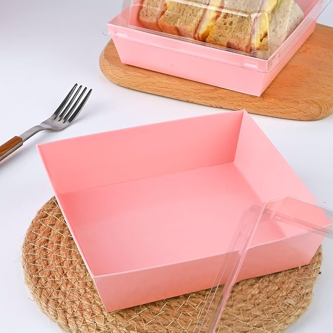 ZORRITA Paper Charcuterie Boxes with Clear Lids, 50 Pack, 5 Inch, Pink | Square To Go Dessert Containers, Small Bakery Boxes, For Cake, Cookies, Sandwich, Strawberries
