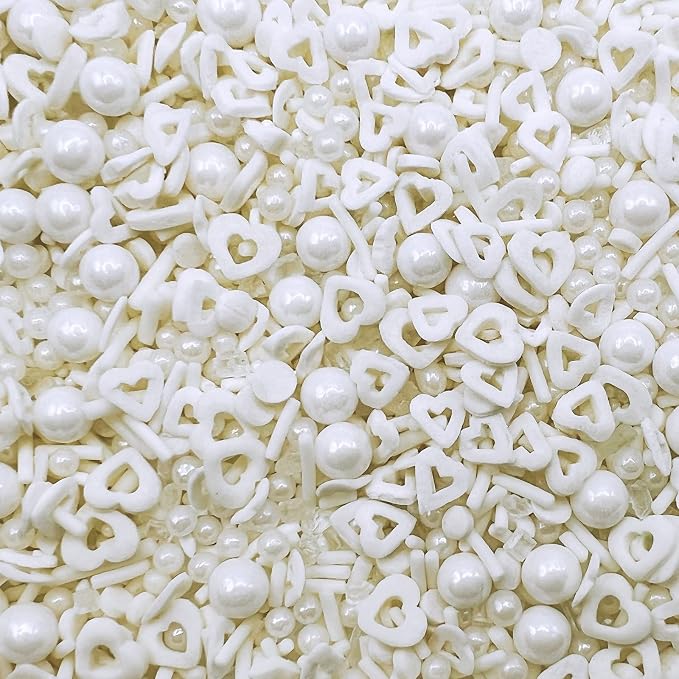 White Heart and Pearl Sprinkles White Edible Pearls Heart Confetti Sprinkles Christmas Cookie Decorations Edible Sugar Pearls for Cakes,Cupcakes Toppers Baby Shower Wedding Supplies 3.35 OZ with Tweezers