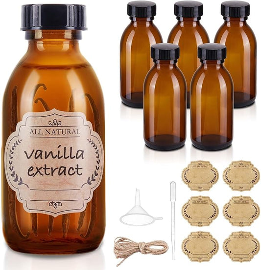 6 Pack 4 oz Amber Glass Bottle with Lids, Small Glass Vanilla Extract Bottles for Homemade Vanilla Extract, Essential Oils, Juice, Potion, Syrup, Christmas, Holiday Gift