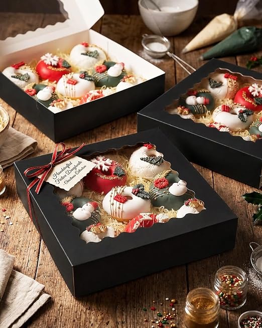 qiqee 10"x 10"x 2.5" Black Pie Boxes with Window 50Packs Cookie Donut Bakery Box (Auto-pop Up)