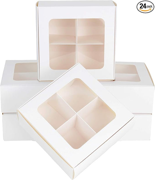 Treat Boxes - 24 ct 6 x 6 x 2.4 in Bakery Boxes with Windows and Dividers for Candy, Cookies, Cupcakes, or Bakery Desserts - Chocolate, Treats, and Baked Goods Packaging for Gifting