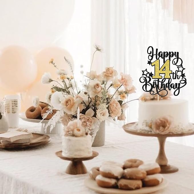 1 PCS Happy 14st Birthday Cake Topper Black Gold Glitter Cheers to 14 Years Birthday Cake Pick Hello 14 Fabulous Cake Decoration for Happy 14st Birthday Anniversary Party Decorations Supplies