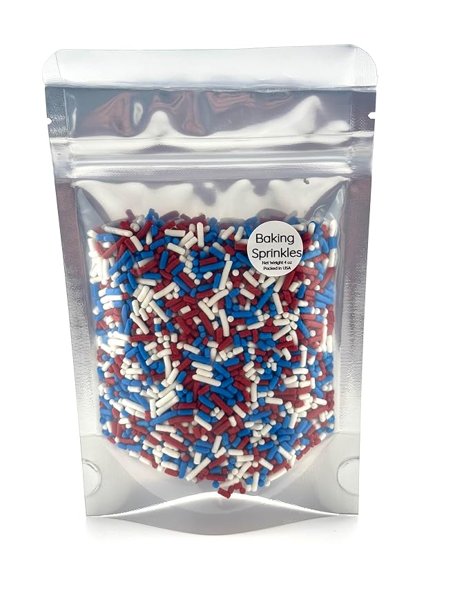 Red White and Blue Sprinkles 4oz pack for Cakes, Cupcakes, Cookie Decorations, Ice Cream and Donut Toppings Edible Decorating Baking Supplies - American Patriotic Mix