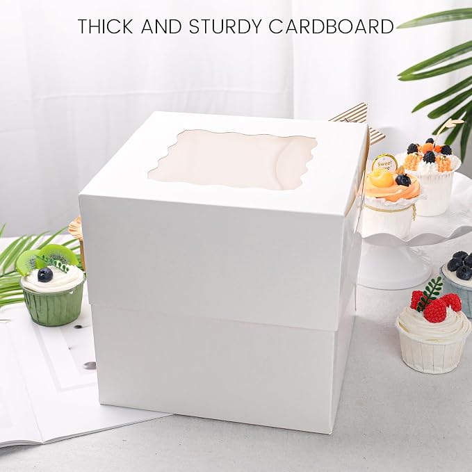 VGOODALL 2PCS Cake Boxes with Window, 8 x 8 x 8 Inches White Bakery Boxes Square Cardboard Cake Containers for Birthday Party Wedding…