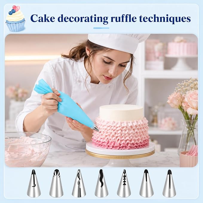 Piping Tip Set, Cake Decorating Tips, Ruffle Piping Tips, Seamless Stainless Steel, Pleated Skirt Piping-Nozzles Set for Cake Cupcakes Cookies, 9 Pieces