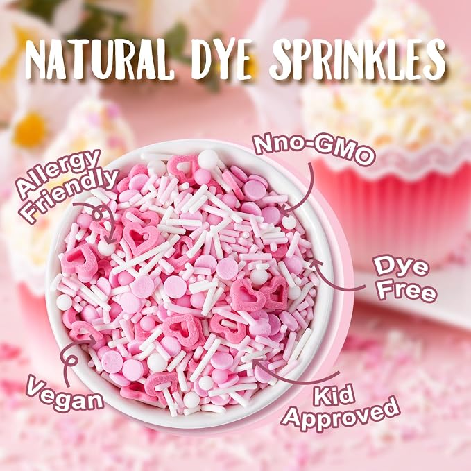 Dye Free Sprinkles Valentine Sprinkles Pink Heart No Artificial Dyes Natural Confetti Jimmies Pearl Sugar Sprinkles for Valentine‘s Day Cake Decorations Baby Shower, Cookies, Fondant Cake, Dessert Toppings, 4.2oz