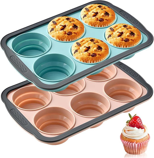 RAYBIN 2 Pack Silicone Muffin Pans for Baking with Metal Frame,Nonstick 6 Cup Silicone Cupcake Pans Egg Molds, Muffin Tins Easy to Pop Egg Baking Pan for Oven,BPA Free
