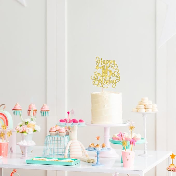1 PCS Happy 16th Birthday Cake Topper Glitter Cheers to 16 Years Birthday Cake Pick Hello 16 Fabulous Cake Decoration for Happy 16th Birthday Anniversary Party Decorations Supplies Gold