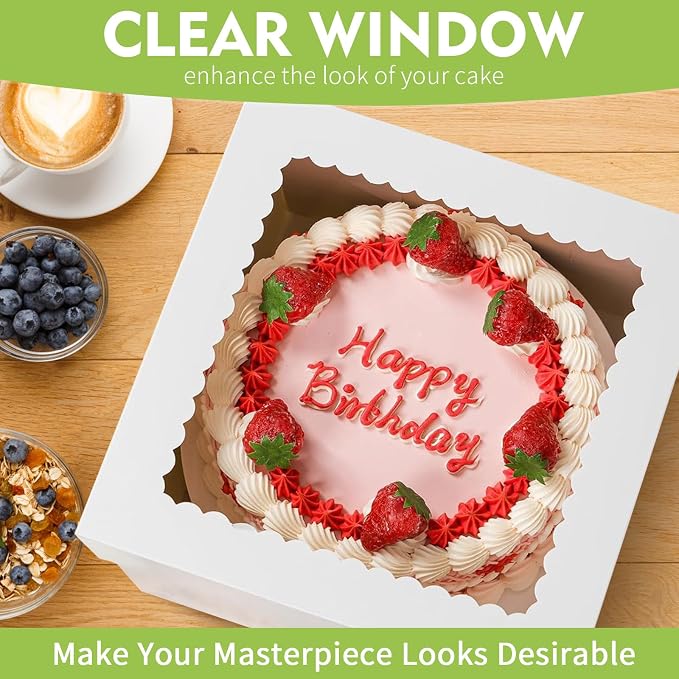 10 Pcs Cake Boxes, 12x12x8 Inch Tall Cake Box with Clear Window, White Cardboard Bakery Boxes, Disposable Cake Transport Containers with Lids for Multi-Layer Cakes Pie Dessert Wedding Birthday