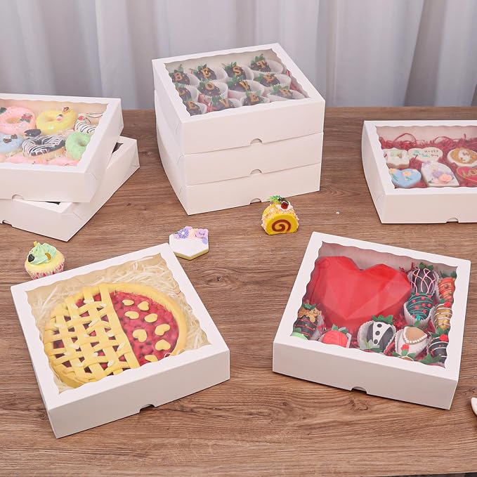 White Bakery Boxes (6pcs, 9x9x2.5 Inches) – For Valentine's & Christmas: Ideal for Cookies, Pie, Chocolate Covered Strawberries, Breakable Heart & Charcuterie