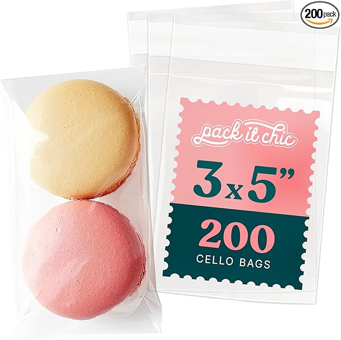 3" X 5" Self Sealing Cellophane Bags (200 Pack) - Clear Cookie Bags With Seal for Baked Goods Packaging, Cookie Wrappers, Bakery Packaging, Bake Sale, Candy, Treats, Goodies, Gifts, Party Favors