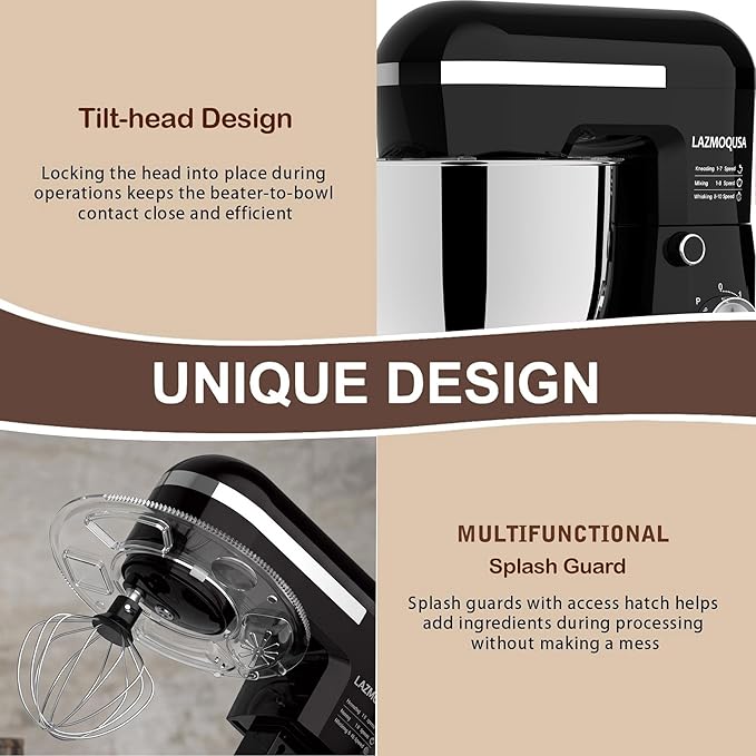 6in1 Stand Mixer with 6.5 Quart Bowl, 660W 10+p Speeds Kitchen Food Mixer Tilt-Head Bread Dough and Cake Mixers for Home Daily Use (Black)