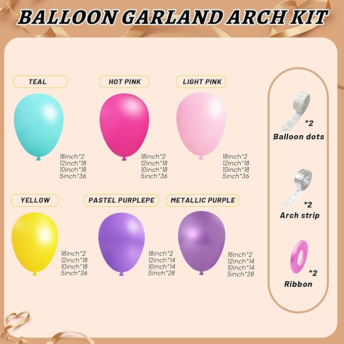 412pcs Purple Blue Pink Balloon Garland Arch Kit, 18 12 10 5 inch Different Sizes Hot Pink Metallic Purple Teal Yellow Balloons for Kid Magic Baby Shower Birthday Engagement Party Decoration