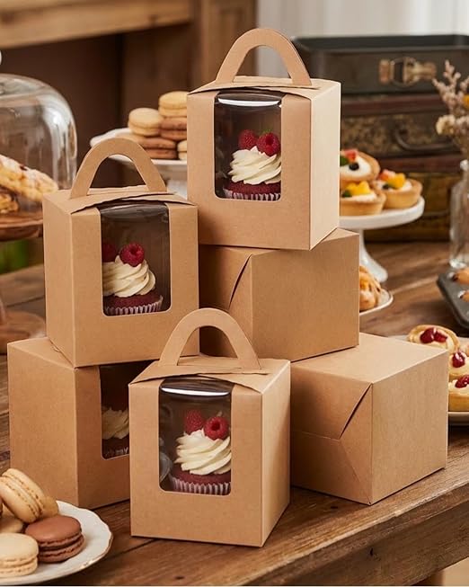 qiqee Auto-pop Brown Cupcake Boxes Individual Disposable 3.7"x3.7"x4.5" 200pcs Cupcake Disposable Single Box with Window