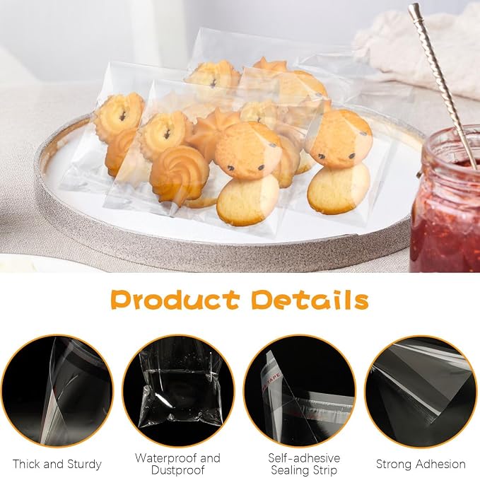 Cidenbio 200 Pcs Thickened Self Sealing Cellophane Treat Bags 6x9 In, Clear Candy Cookie Bags for Gift Giving, 3.1 Mils Resealable Plastic Packaging Bag for Party Favors, Cookies, Bread, Snack Goodie