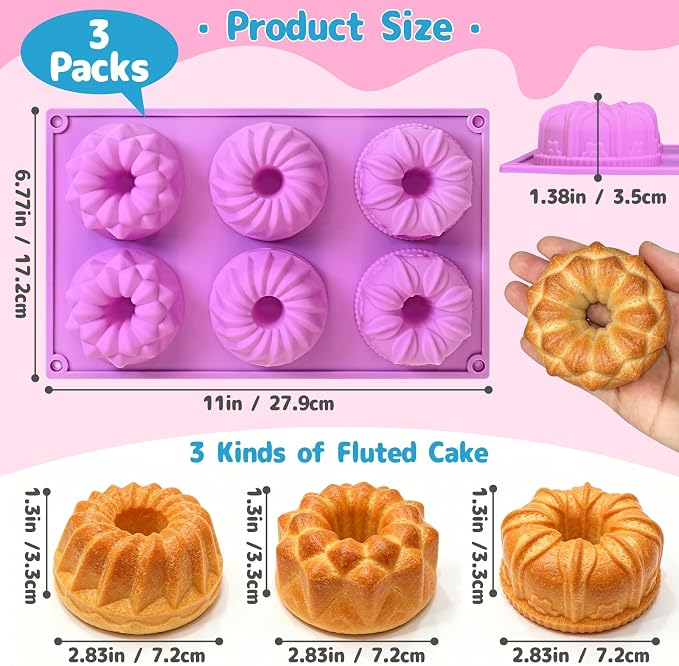 3 Pcs Mini Fluted Cake Pan, 6-Cavity Fluted Tube Pan Silicone Non-stick Mini Jello Molds for Gelatina Cakes, Donuts, Brownies, Muffins