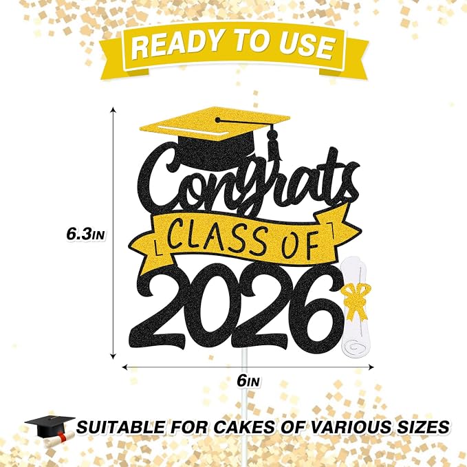 Congrats Class of 2026 Cake Topper Congrats Grad Cap Diploma Theme for High School Happy Graduation Party Supplies College Graduate Decoration (Gold)