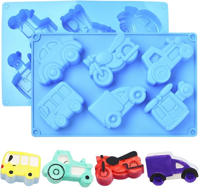 Ipotkitt Blue Car Theme Silicone Molds Vehicle Bus Transportation Candy Molds for Candy Chocolate Jelly Cake Ice Crafts, 2pcs, 6 Cavities