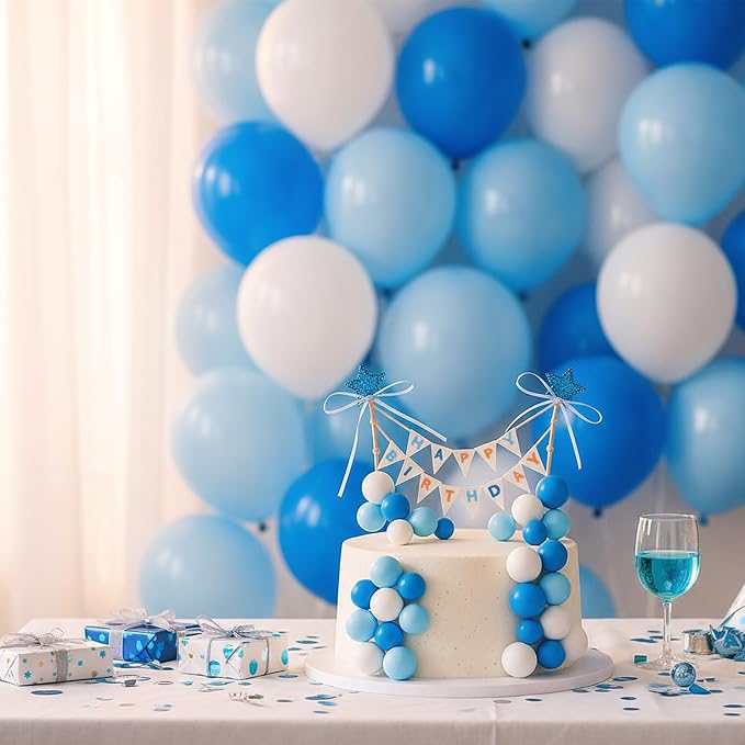 16 Pcs Happy Birthday Cake Topper Cake Bunting Topper Banner with Wood Pole Rainbow Garland with Bow Ribbon Balloon, Mini Cupcake Decor for Birthday Baby Shower (White,Light Blue,Dark Blue)