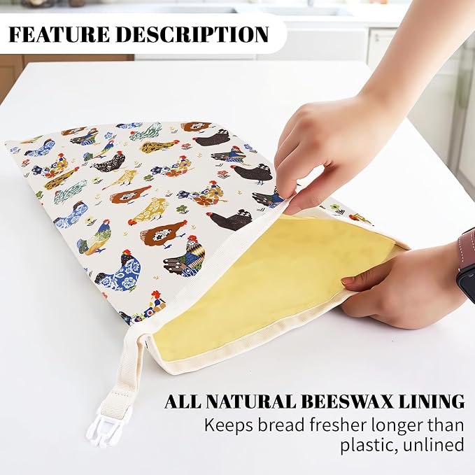 2 Pack Beeswax Bread Bags - 17x13 Inch Reusable Bread Storage Bags,Bees Wax Lined Bread Bags for Home Cooks fresh bread storage Easy Clean (Hen)