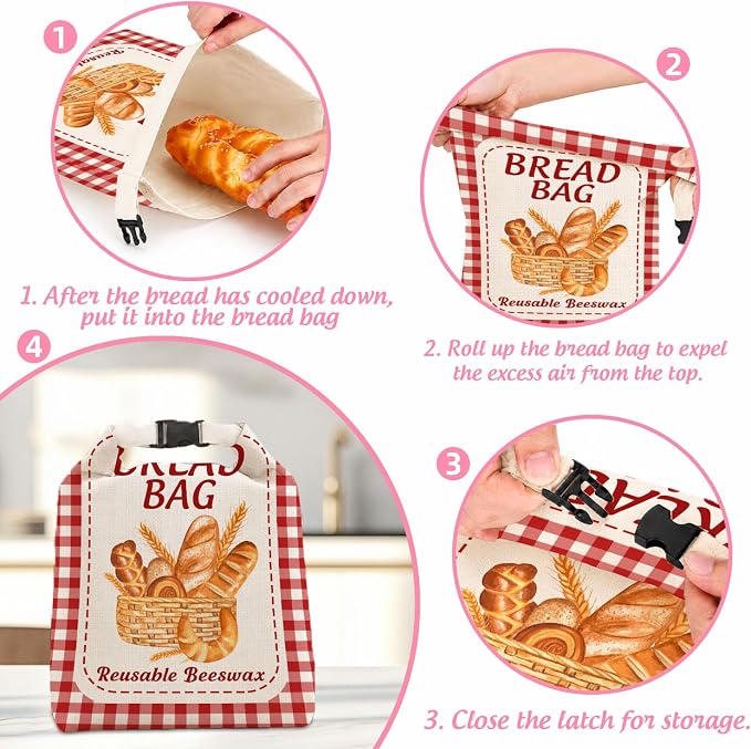 2 Pack Reusable Beeswax Bread Bags, Plaid Decor Bread Bag for Sourdough, Fresh Bread Served Daily, Reusable Linen, Natural Beeswax Storage Bag, Food Storage Cloth with Buckle 13 * 17IN