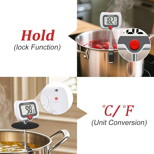 BOMATA Digital Candy Thermometer with Pot Clip, Deep Fry Oil Thermometer with Rotatable Display & Long Probe, for Candy Candle Making, Cooking, Food, Liquids, Water, Sugar.. White