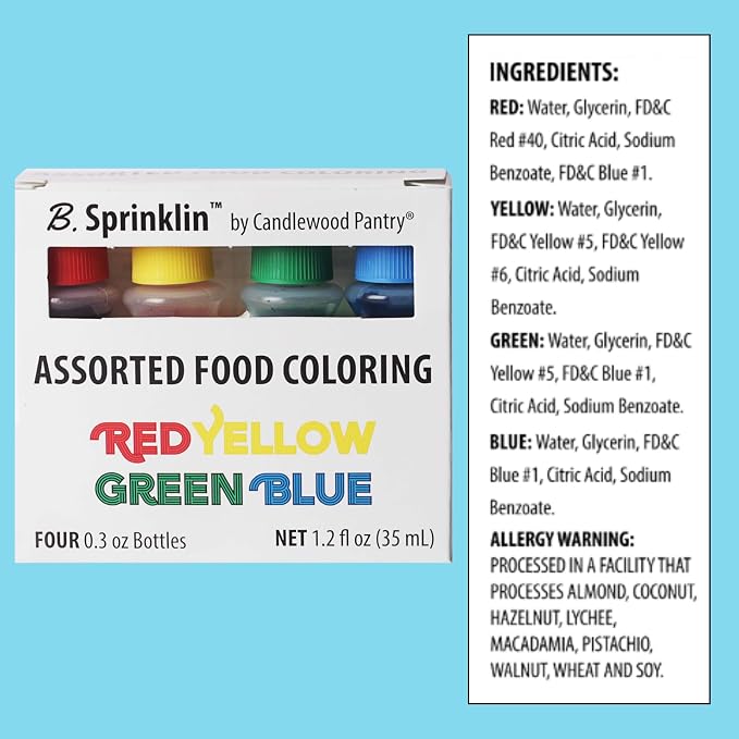 Candlewood Pantry B. Sprinklin Assorted Liquid Food Coloring Kit, 8 Bottles, 0.3 fL Oz/Neon and Regular (4) Colors - Vibrant Food Dye for Slime Crafts, Eggs, Frosting and Cake Decorating (Pack of 2)
