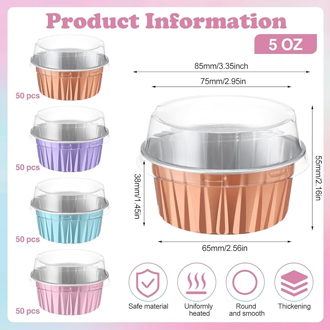 200 Pack Aluminum Foil Cupcake Liners with Lids, 5 oz Round Baking Cup, Disposable Ramekin Container for Graduation Wedding Independence Day Party(Champagne, Pink, Light Purple, Blue,Plain)