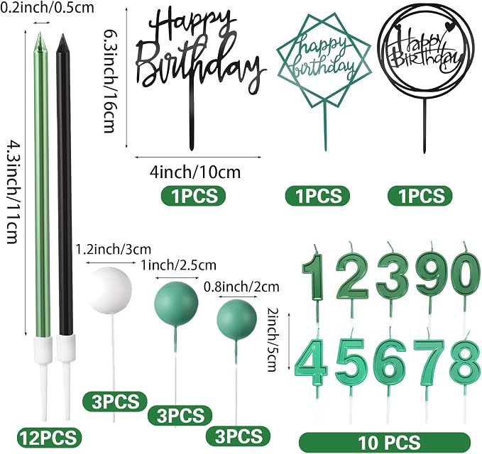 Yerliker 34 Pcs Happy Birthday Cake Toppers Decorations Birthday Candles DIY Cake Decor for Men Women Wedding Anniversary(Green Black White)